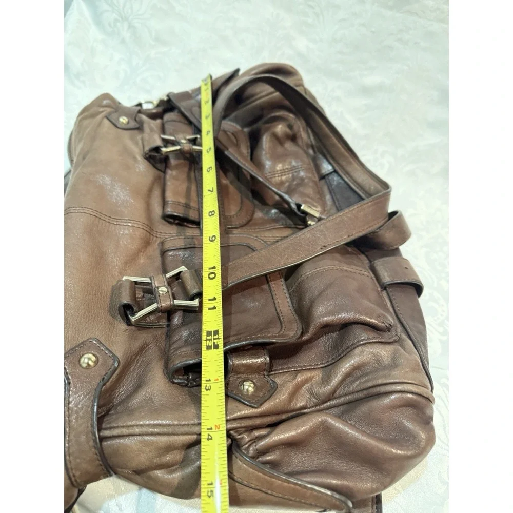 Junior Drake Megan large satchel Purse Bag Brown Leather front utility pockets